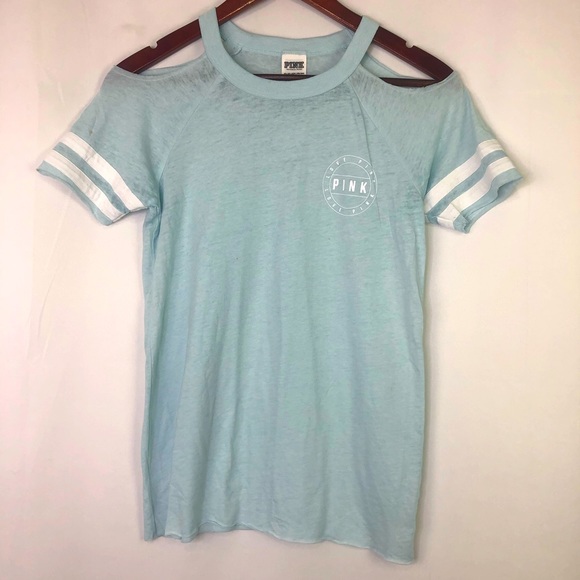 Pink Victoria’s Secret Sheer Shirt Cold Shoulder Women’s Top Baseball Striped - Picture 1 of 10